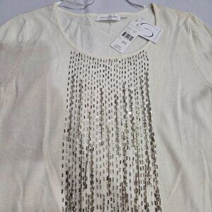 NWT Josie Natori Beaded Sequin Blouse Fringe Knit Top Long Sleeve Women's XS